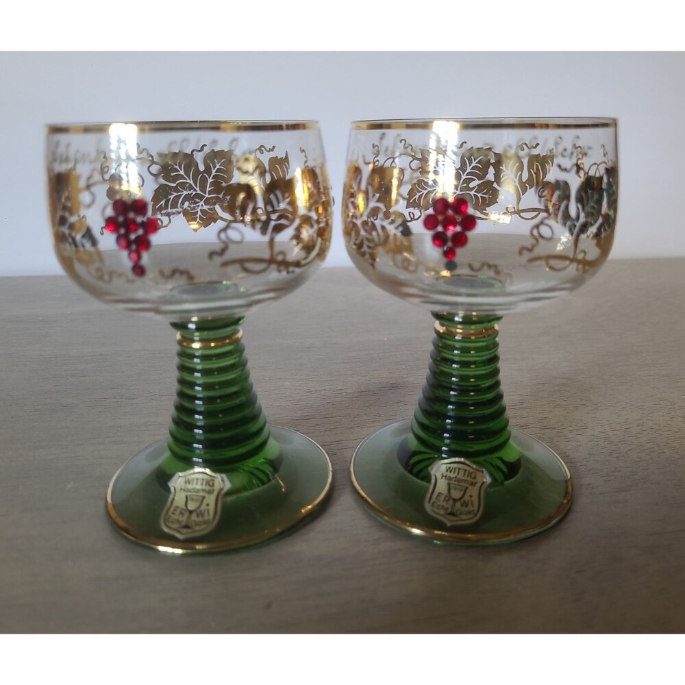 Set 2 Wittig Romer German Green Beehive Stem Gold Grapevine Cordial Glasses 4”